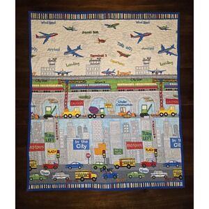 Transportation City Construction Quilt Blanket 40x35" Reversible Handmade Colors